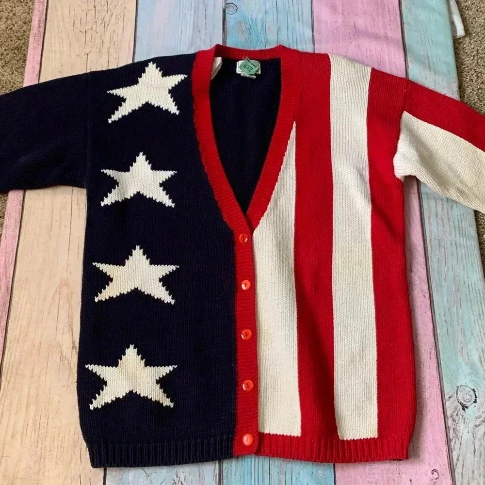 Vintage casual corner 100% cotton American flag V-neck button up sweater - Picture 2 of 8